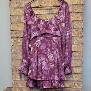 Charmed Hood Plum Floral Chiffon Babydoll Dress XL Long Sleeve